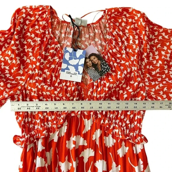Diane von Furstenberg Ginkgo Print Maxi Dress sz XS Orange & White Long sleeve - Picture 4 of 9